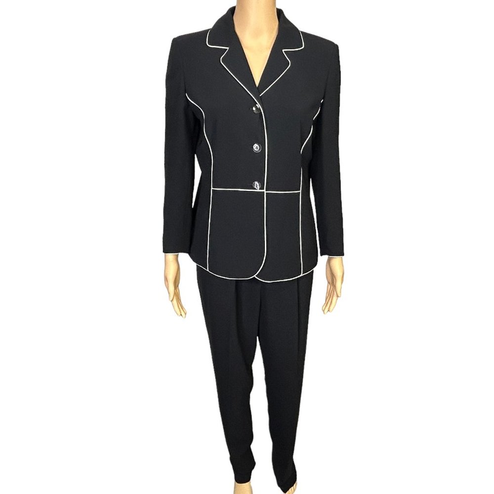 Vintage Focus 2000 Womens 8 Black w/‎ White Trim Belted Pants Suit Jacket Blazer